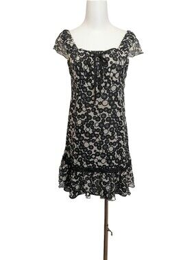 🐦🐦Black & White Polka Circle 100% Silk Ruffle Mini Dress